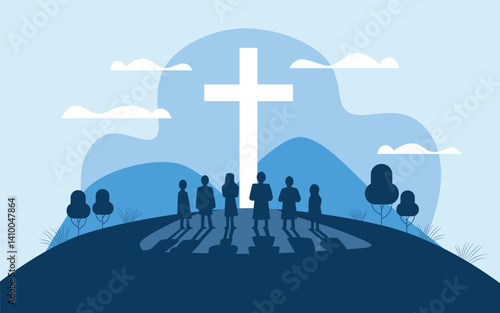 Faithful believers worship beneath cross