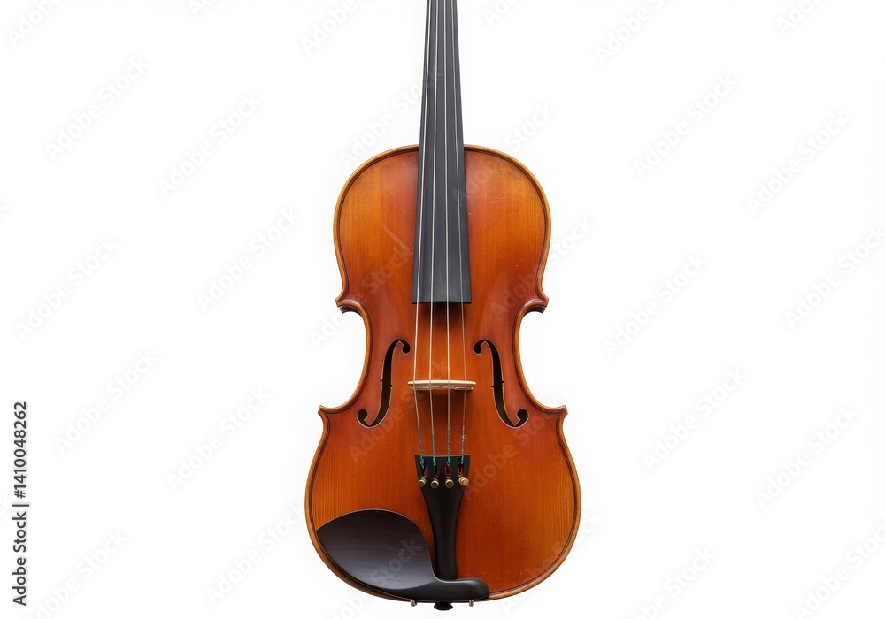 Fototapeta premium A violin with a brown body and black strings against a plain white background in a studio shot