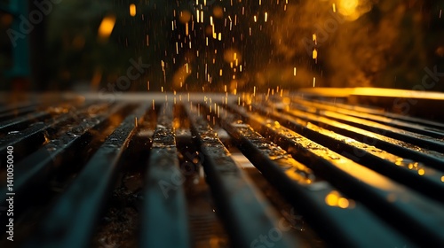 Outdoor grill grates glistening with rain drops.