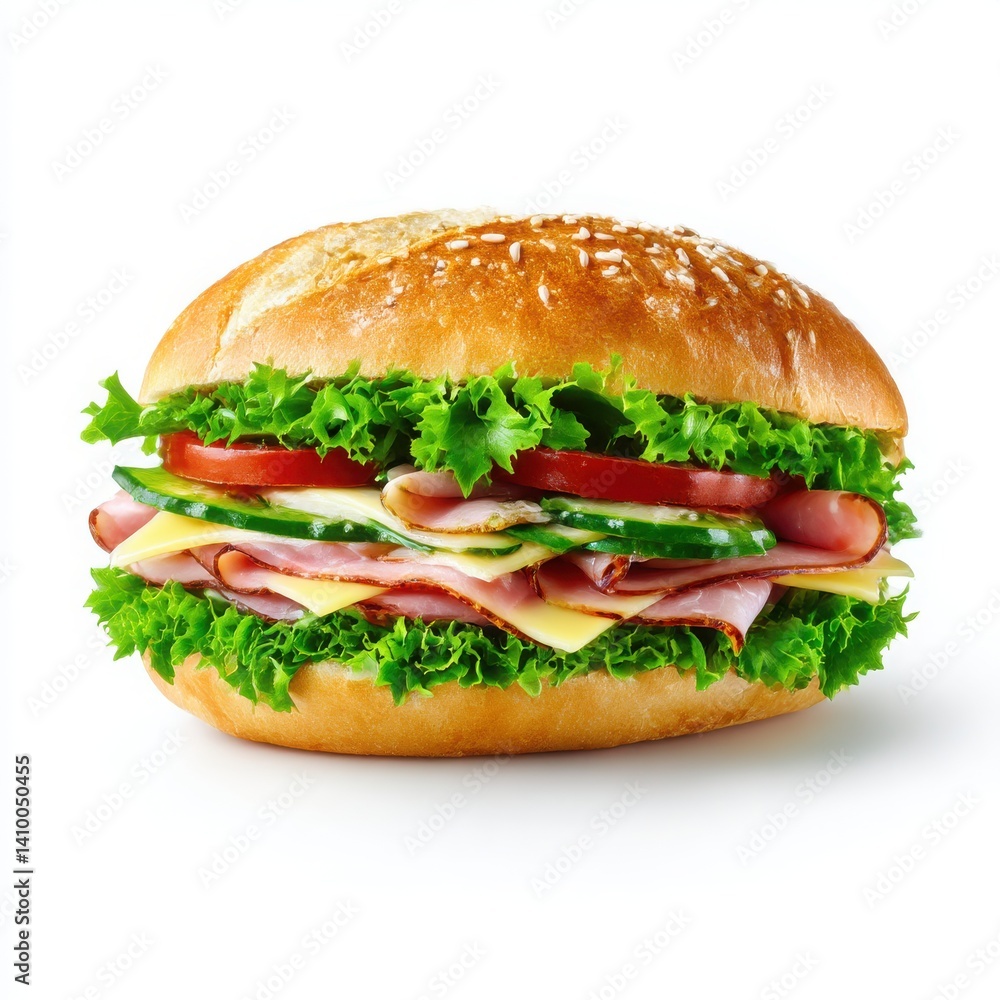 Close up of a sandwich with ham cheese and fresh vegetables inside isoleted on white background