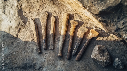 Ancient bone tools on stone, early hominin shadows in background, symbolizing prehistoric innovation.
