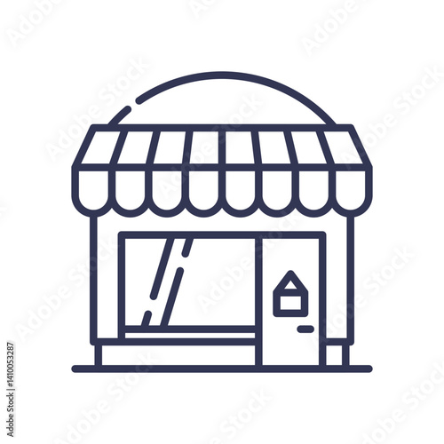 Minimalist boutique storefront icon with awning and window, symbolizing small business charm.