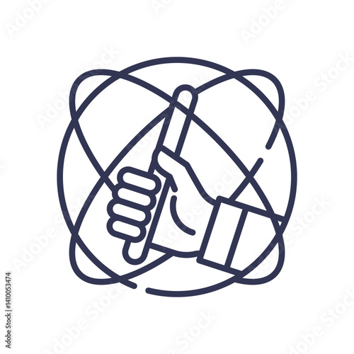 A hand holding a baton symbolizes leadership and control within a network.