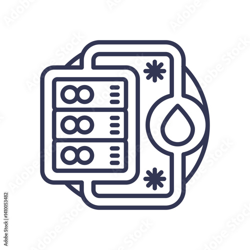 Icon of a server with cooling elements, symbolizing data center cooling.