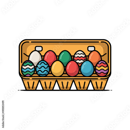 A carton holds a easter  eggs, each decorated with unique patterns and hues