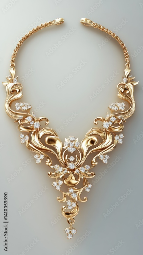 Ornate gold necklace with diamond accents. Ornate gold necklace with diamond accents.