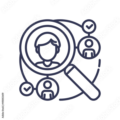 Magnifying glass over user icons symbolizes analyzing customer data for insights.