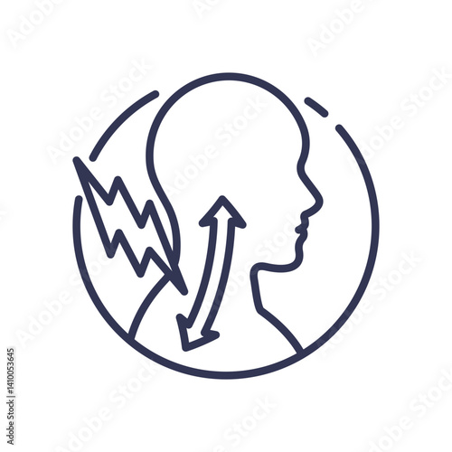 Outline of head and neck with arrows and lightning, symbolizing pain spread.