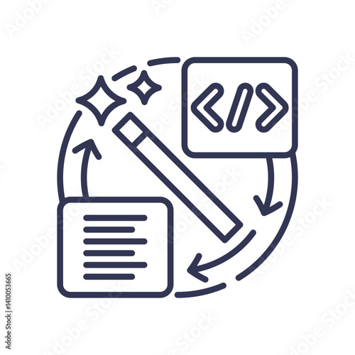 Magic wand, code, and text icons symbolize effortless coding transformation.