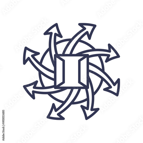 Central hub with arrows radiating outward, symbolizing dynamic routing and network flow.
