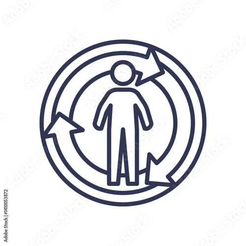 A person surrounded by circular arrows symbolizes holistic care and balance.