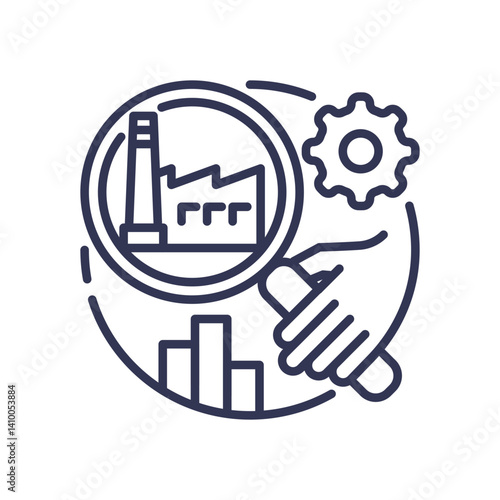 Magnifying glass examines factory, symbolizing industry analysis and optimization.