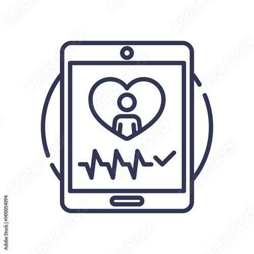 Tablet with heart, person, and ECG line symbolizes MobileHealth monitoring.
