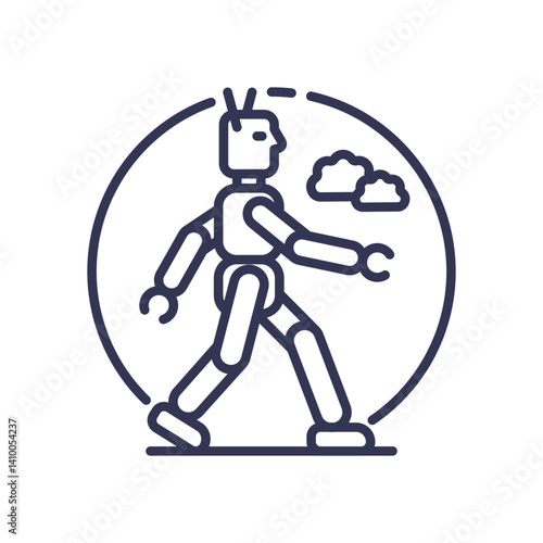 Line art of a humanoid robot walking, symbolizing AI integration in physical environments.