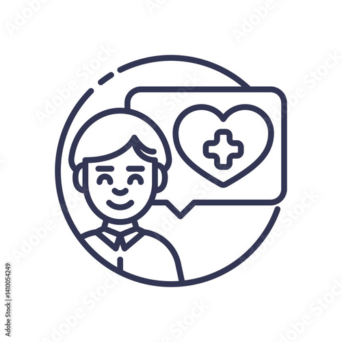 Smiling person with speech bubble showing heart and medical cross, symbolizing positive patient feedback.