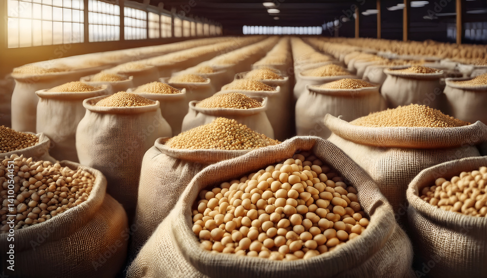 Obraz premium Grains and cereals stored in a large agricultural warehouse