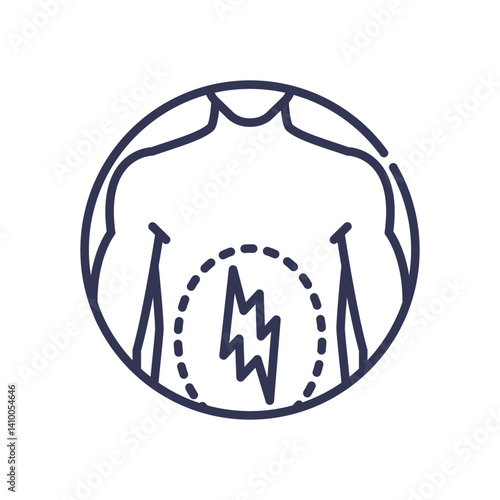 Outline of a torso with a zigzag line indicating sudden abdominal pain.