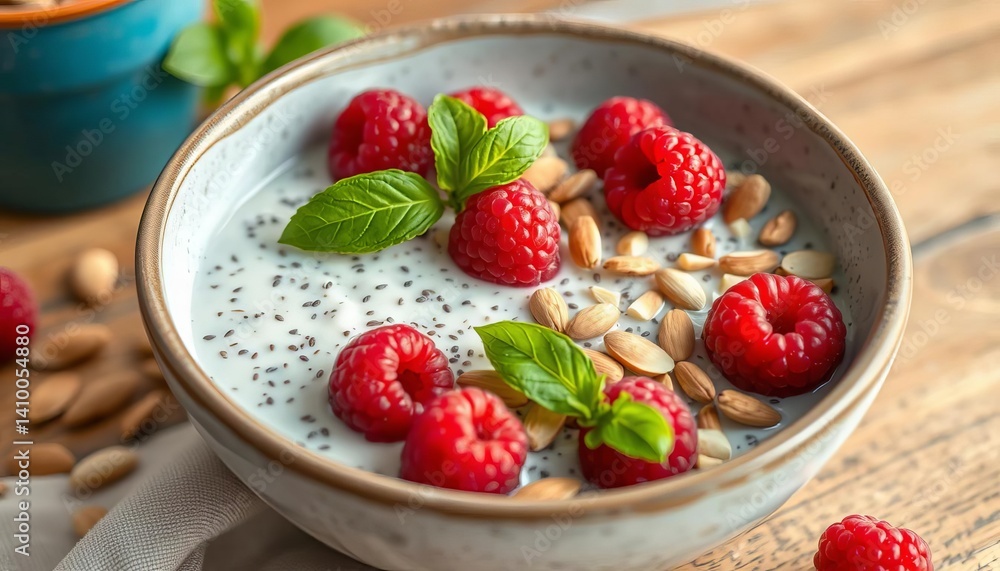 Creamy chia pudding, vibrant raspberries, crunchy almonds & basil in rustic bowl, delicious, superfood Creamy chia pudding, vibrant raspberries, crunchy almonds & basil in rustic bowl, delicious, superfood