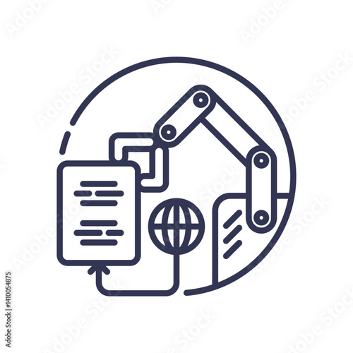 Robotic arm with document and globe symbolizes automated data retrieval.