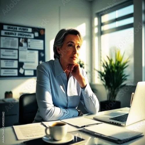 Wallpaper Mural Office boss lady speaking with confidence, female or businesswoman in modern minimalist office room with laptop, coffee on the table and a board in background, short gray haired woman boss smile talk Torontodigital.ca