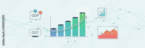 Clean vector illustration set of economic data analysis icons featuring bar graph, GDP, inflation, and projection chart