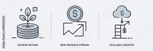 Collection of icons representing a revenue diversification strategy with passive income, new revenue stream, and scalable growth