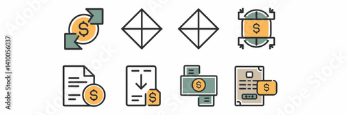 Collection of editable vector icons for cash flow and liquidity management with dollar signs and arrows – Ideal for financial software, reports, and presentations.