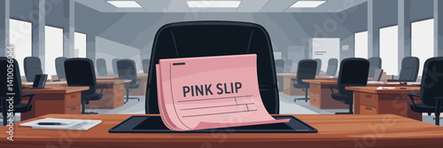 Vector-style illustration of a pink slip on a deserted office desk – Ideal for corporate downsizing discussions, HR crisis content, or office job loss articles.