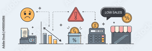 Small business crisis illustration with icons of sadness, warning, and financial decline – Perfect for financial crisis, economic downturn, or business survival content.
