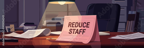 Line vector illustration of a pink slip reading "REDUCE STAFF" on a mahogany desk – Perfect for visualizing office downsizing, layoffs, or HR terminations.