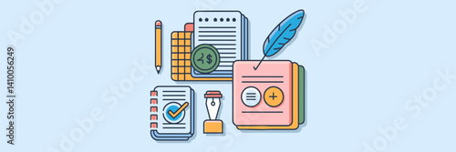 Flat vector illustration of accounting and bookkeeping icons arranged in a circular pattern with ledger, journal, and checkmark symbols