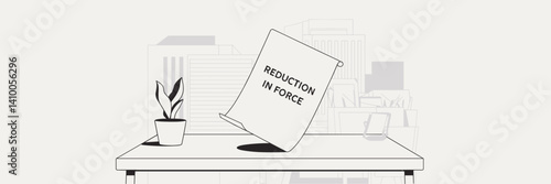Minimalist line vector illustration of a pink slip on a neatly organized desk – Ideal for illustrating corporate layoffs, workforce reduction, or office terminations.