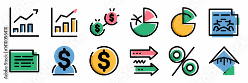 Set of editable business finance icons for presentations with KPI, dashboard, charts, and revenue stream symbols