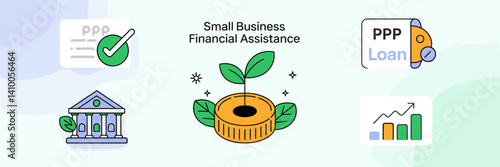 Small business financial assistance icons with growth and investment symbol – Perfect for business funding, financial support, or entrepreneurship content.