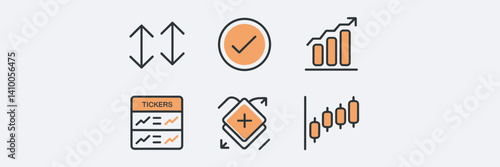 Stock trading and investing icons featuring buy/sell, market orders, tickers, and candlestick chart