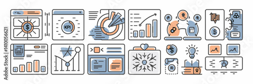 Vector illustration of business finance icons for presentations including KPI dashboard, charts, and revenue stream