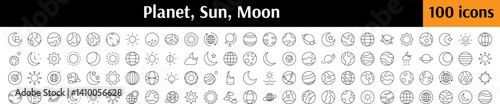 Set of Cosmos Related Line Icons. Planet, Sun, Moon Outline Signs for Graphic and Web Design, Apps, Adverts, Various Cards