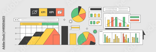 Vector illustration of a business finance dashboard with icons and charts for revenue stream, KPI, and presentations