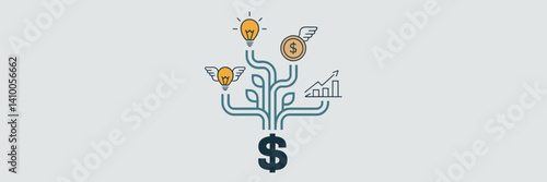 Illustration of a tree with multiple branches representing different revenue diversification strategies with light bulb, coin, and chart
