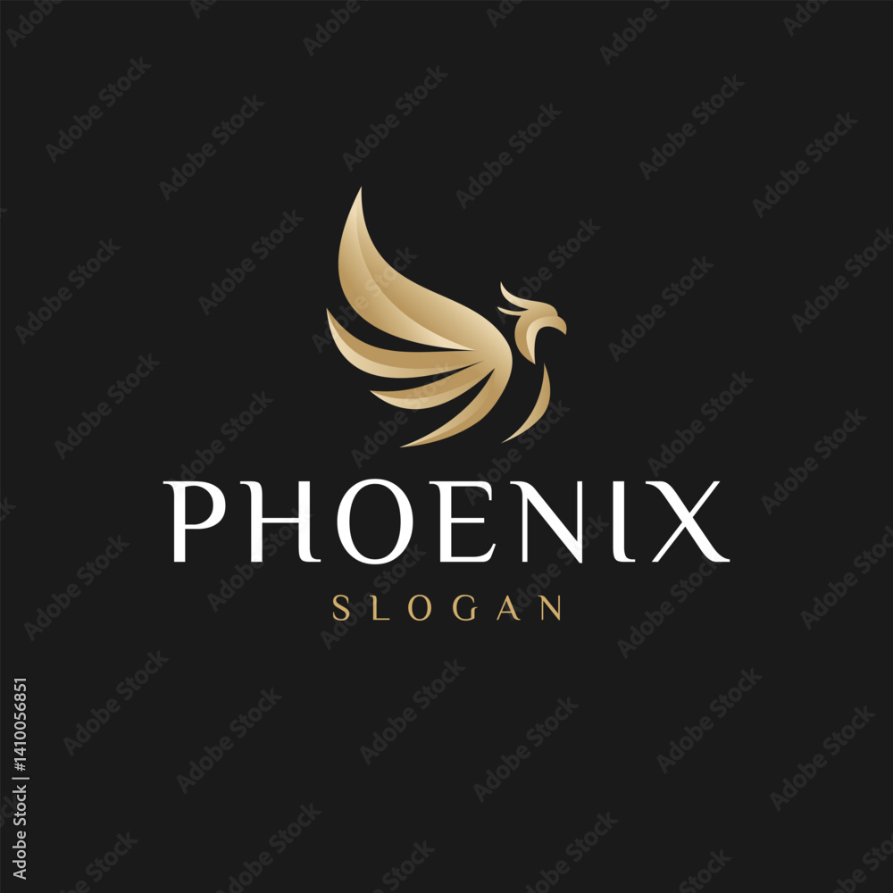 Obraz premium Flying Golden Phoenix Bird Flying Phoenix Bird Logo Design Black Background