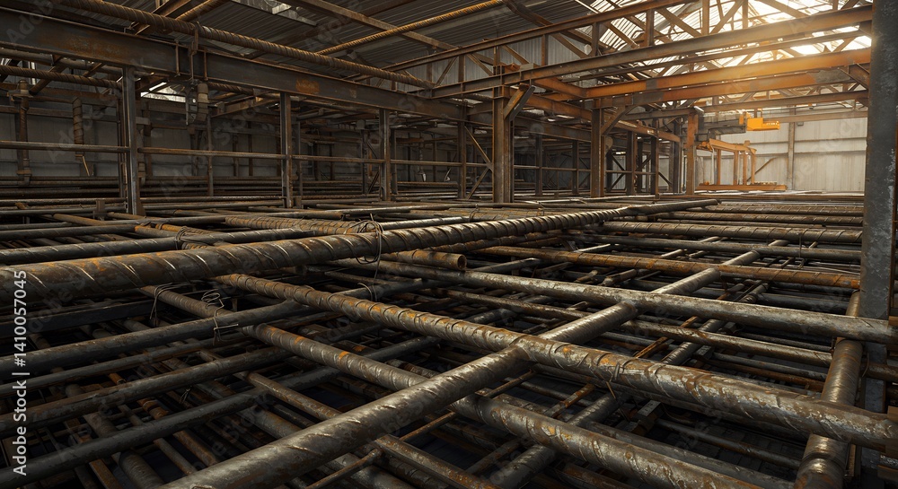 Fototapeta premium Rustic Metal Grid Structure Warm Light Industrial Setting. AI Generated