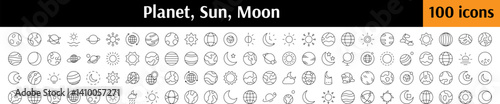Cosmos Thin Line Icon Set. Planet, Sun, Moon Outline Signs for Graphic and Web Design, Apps, Adverts, Various Cards