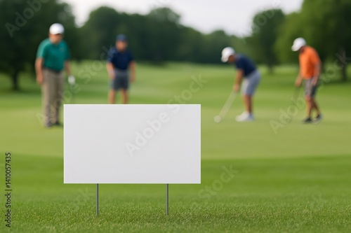 Golfers putting on a green with a blank white sign in the foreground