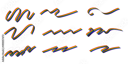 Set of 3D pride flag ribbons isolated on white background. Curled and zigzag rainbow flags for pride month. LGBTQ+ rainbow flag elements for design. Vector Illustration.