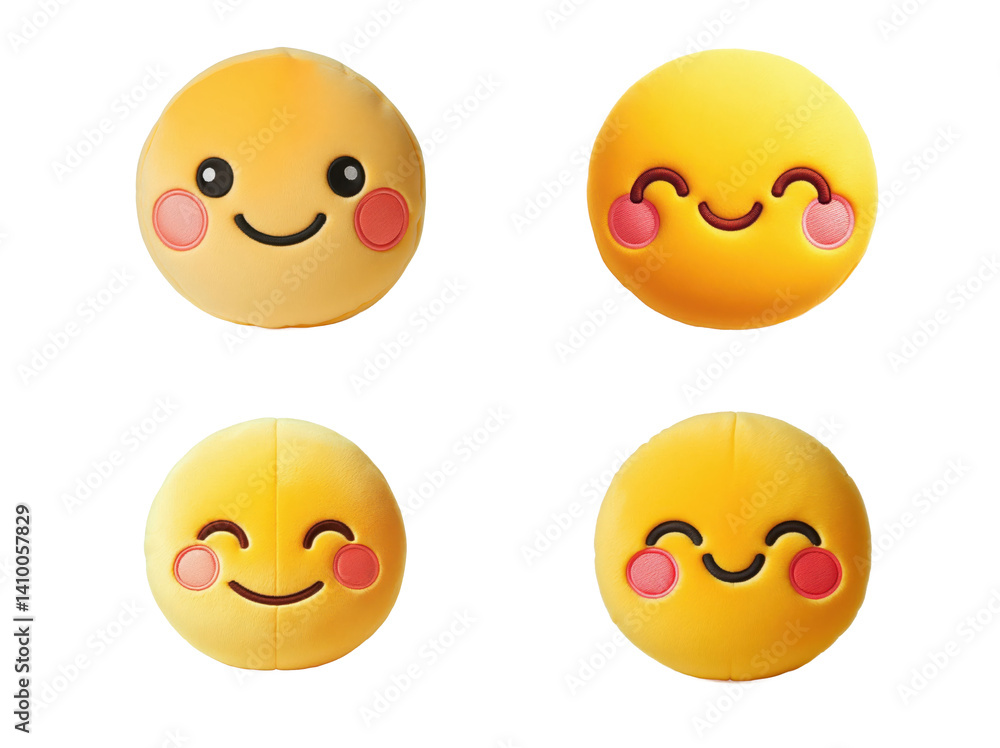 Set of collection adorable 3D smiling face with hearts emoji plush with white background for sweet and loving-themed gifts. Set of collection adorable 3D smiling face with hearts emoji plush with white background for sweet and loving-themed gifts.
