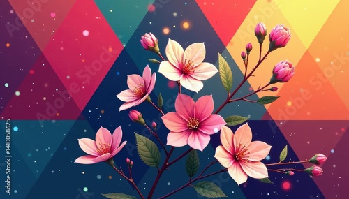 Bold geometric triangles interwoven with delicate blossoms , sharp, geometric