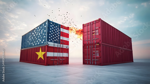 Trade wars concept with American and Chinese flag textured cargo containers clashing. 3D illustration