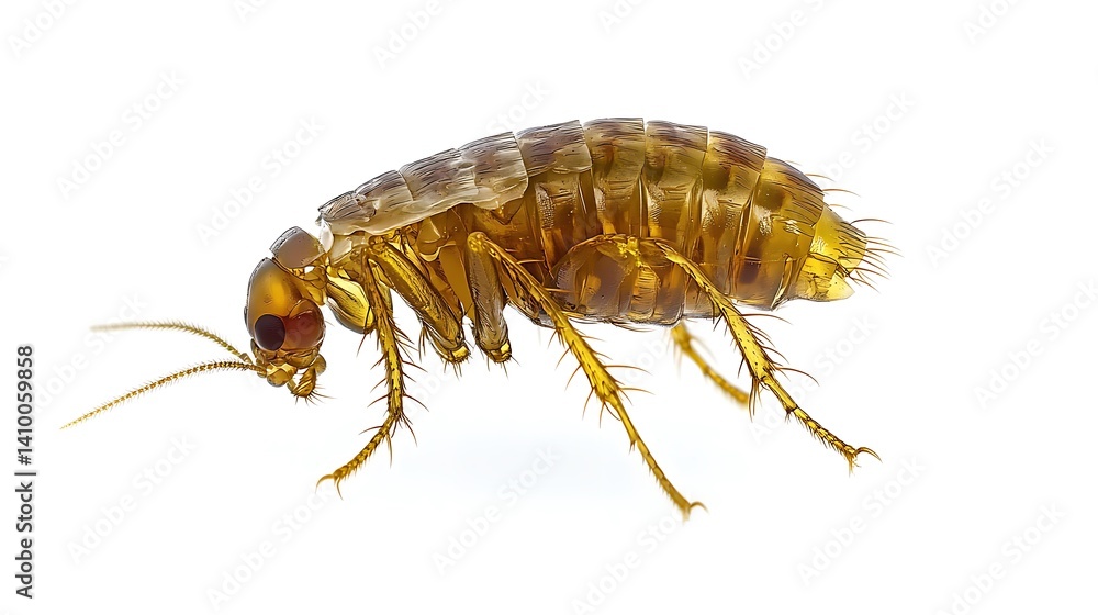 A close-up of Pulex irritans (human flea), isolated on a white background, designed for scientific analysis A close-up of Pulex irritans (human flea), isolated on a white background, designed for scientific analysis