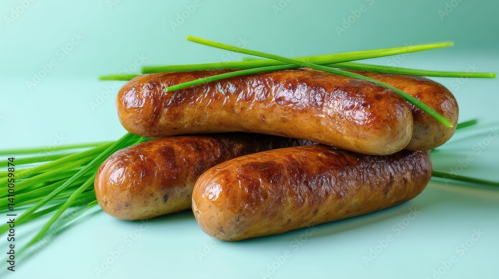 Tasty fried sausages with fresh chives on a light cyan backdrop in a culinary close up presentation capturing deliciousness Tasty fried sausages with fresh chives on a light cyan backdrop in a culinary close up presentation capturing deliciousness