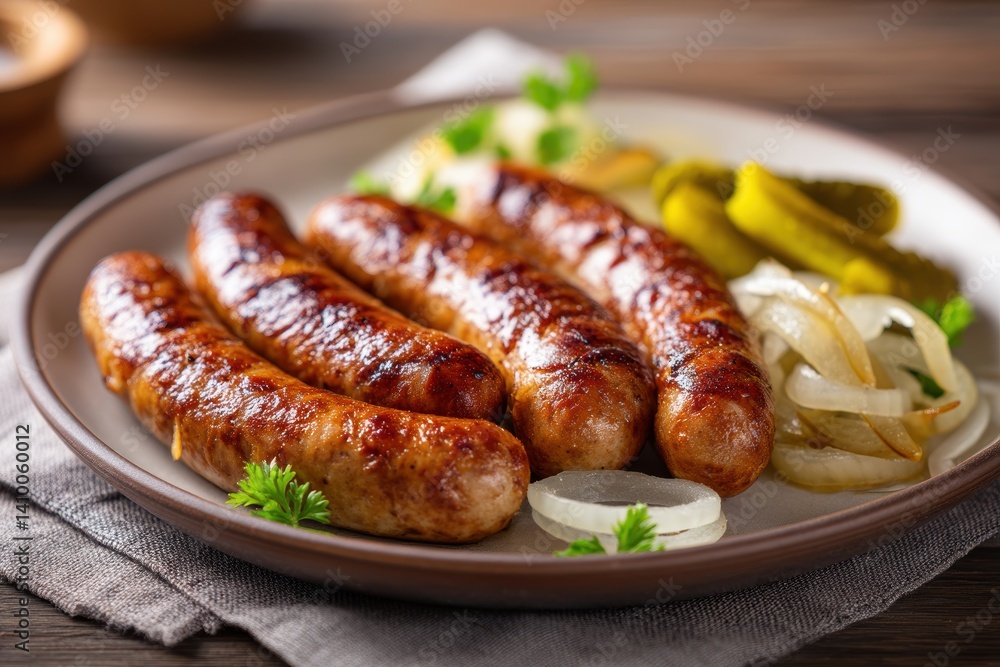 Grilled bavarian sausages on plate served with pickled cucumber and sauteed onion culinary delight rustic table Grilled bavarian sausages on plate served with pickled cucumber and sauteed onion culinary delight rustic table